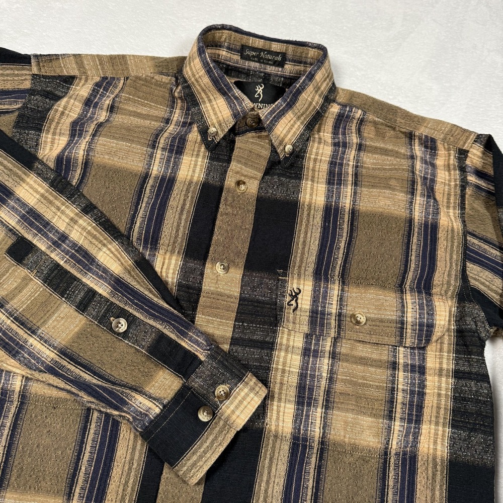 Browning Shirt Mens Medium Brown Blue Plaid Long Sleeve‎ Button Front Casual